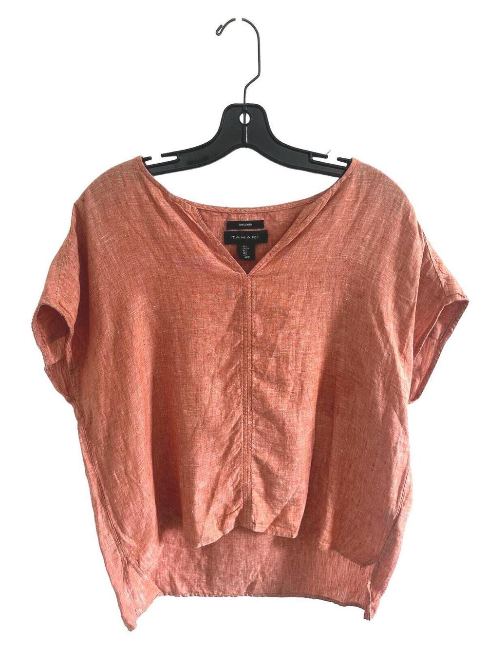 Tahari 100% Linen Oversize Orange Popover V-Neck Drop Shoulder Sleeve Top-Size L